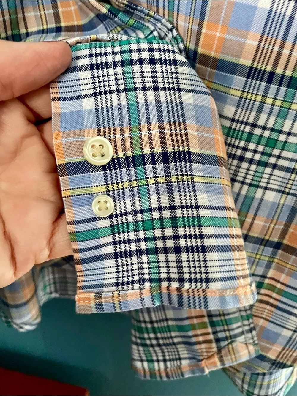 Ralph Lauren Boys Size 12 Plaid Button Down Shirt Blue Green Orange 100% Cotton